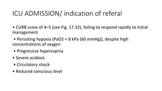 ICU ADMISSION/ indication of referal
• CURB score of 4–5 (see Fig. 17.32), failing to respond rapidly to initial
management
• Persisting hypoxia (PaO2 < 8 kPa (60 mmHg)), despite high
concentrations of oxygen
• Progressive hypercapnia
• Severe acidosis
• Circulatory shock
• Reduced conscious level
 