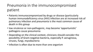 Pneumonia in the immunocompromised
patient
• Patients immunocompromised by drugs or disease (particularly
human immunodeficiency virus (HIV) infection are at increased risk of
pulmonary infection and pneumonia is the most common cause of
death in this group
• low virulence or non-pathogenic, may become ‘opportunistic’
pathogens cause pneumonia
• Depending on the clinical context, clinicians should consider the
possibility of Gram-negative bacteria, especially P. aeruginosa,
viruses, fungi, mycobacteria
• Infection is often due to more than one organism
 