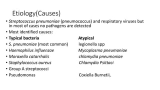 Etiology(Causes)
• Streptococcus pneumoniae (pneumococcus) and respiratory viruses but
in most of cases no pathogens are detected
• Most identified causes:
• Typical bacteria Atypical
• S. pneumoniae (most common) legionella spp
• Haemophilus influenzae Mycoplasma pneumoniae
• Moraxella catarrhalis chlamydia pneumoniae
• Staphylococcus aureus Chlamydia Psittaci
• Group A streptococci
• Pseudomonas Coxiella Burnetii,
 