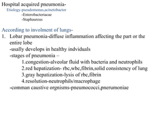 Hospital acquired pneumonia-
Etiology-pseudomonas,acinetobactor
-Enterobacteriacae
-Staphaureus
According to involment of lungs-
1. Lobar pneumonia-diffuse inflammation affecting the part or the
entire lobe
-usally develops in healthy indviduals
-stages of pneumonia –
1.congestion-alveolar fluid with bacteria and neutrophils
2.red hepatization- rbc,wbc,fibrin,solid consistency of lung
3.gray hepatization-lysis of rbc,fibrin
4.resolution-neutrophils/macrophage
-comman caustive orgnisms-pneumococci,pnerumoniae
 