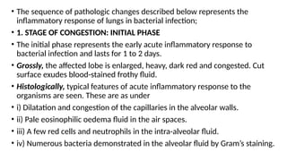 • The sequence of pathologic changes described below represents the
inflammatory response of lungs in bacterial infection;
• 1. STAGE OF CONGESTION: INITIAL PHASE
• The initial phase represents the early acute inflammatory response to
bacterial infection and lasts for 1 to 2 days.
• Grossly, the affected lobe is enlarged, heavy, dark red and congested. Cut
surface exudes blood-stained frothy fluid.
• Histologically, typical features of acute inflammatory response to the
organisms are seen. These are as under
• i) Dilatation and congestion of the capillaries in the alveolar walls.
• ii) Pale eosinophilic oedema fluid in the air spaces.
• iii) A few red cells and neutrophils in the intra-alveolar fluid.
• iv) Numerous bacteria demonstrated in the alveolar fluid by Gram’s staining.
 