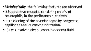 •Histologically, the following features are observed
•i) Suppurative exudate, consisting chiefly of
neutrophils, in the peribronchiolar alveoli.
•ii) Thickening of the alveolar septa by congested
capillaries and leucocytic infiltration.
•iii) Less involved alveoli contain oedema fluid
 