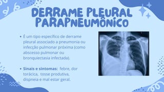 DERRAME PLEURAL
PARAPNEUMÔNICO
É um tipo específico de derrame
pleural associado a pneumonia ou
infecção pulmonar próxima (como
abscesso pulmonar ou
bronquiectasia infectada).
Sinais e sintomas: febre, dor
torácica, tosse produtiva,
dispneia e mal estar geral.
 