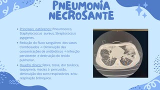 PNEUMONIA
NECROSANTE
Principais patógenos: Pneumococo,
Staphylococcus aureus, Streptococcus
pypgenes.
Quadro clínico: febre, tosse, dor torácica,
taquipneia, maciez à percussão,
diminuição dos sons respiratórios e/ou
respiração brônquica.
Redução do fluxo sanguíneo dos vasos
trombosados -> Diminuição das
concentrações de antibióticos -> Infecção
persistente e destruição do tecido
pulmonar.
 