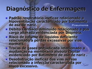 Diagnóstico de Enfermagem
 Padrão respiratório ineficaz relacionado a
hipoventilação caracterizado por batimento
de asa de nariz.
 Débito Cardíaco diminuído relacionado a pós
carga alterada evidenciada por Dispnéia.
 Risco de volume de líquidos deficiente
relacionado a perdas excessivas por vias
normais.
 Trocas de gases prejudicada relacionado a
mudanças na membrana alvéolo capilar
evidenciado por Batimento de asa de nariz .
 Desobstrução ineficaz das vias aéreas
relacionado a infecção caracterizada por
muco excessivo.
 