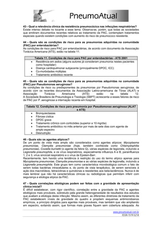 43 - Qual a relevância clínica da resistência pneumocócica nas infecções respiratórias?
Existe intenso debate no tocante a esse tema. Observa-se, porém, que todas as sociedades
que emitiram documentos recentes relativos ao tratamento da PAC, contemplam tratamentos
especiais quando existem condições com aumento do risco de pneumococo resistente.

44 - Quais são as condições de risco para as pneumonias adquiridas na comunidade
(PAC) por enterobactérias?
As condições de risco para PAC por enterobactérias, de acordo com documento da Associação
Torácica Americana (ATS), estão na tabela 11.

        Tabela 11. Condições de risco para PAC por enterobactérias - ATS 2001
      •  Residência em asilos (alguns autores já consideram pneumonia nestes pacientes
         como hospitalar)
      • Doença cardiopulmonar subjacente (principalmente DPOC, ICC)
      • Co-morbidades múltiplas
      • Tratamento antibiótico recente

45 - Quais são as condições de risco para as pneumonias adquiridas na comunidade
(PAC) por Pseudomonas aeruginosa?
As condições de risco ou predisponentes às pneumonias por Pseudomonas aeruginosa, de
acordo com os recentes documentos da Associação Latino-americana de Tórax (ALAT) e
Associação      Torácica       Americana       (ATS)       estão     na      tabela       12.
A Sociedade Brasileira de Pneumologia e Tisiologia (SBPT) acrescenta a esses fatores de risco
de PAC por P. aeruginosa a internação recente em hospital.

  Tabela 12. Condições de risco para pneumonia por Pseudomonas aeruginosa (ALAT
                                        e ATS)
     • Bronquiectasias
     • Fibrose cística
     • DPOC grave
     • Tratamento crônico com corticóides (superior a 10 mg/dia)
     • Tratamento antibiótico no mês anterior por mais de sete dias com agente de
         amplo espectro
     • Desnutrição

46 - Quais são os agentes atípicos?
De um ponto de vista mais amplo são considerados como agentes atípicos: Mycoplasma
pneumoniae, Clamydia pneumoniae (hoje, também conhecida como Chlamydophilia
pneumoniae), Coxiella burnettii (o agente da febre Q), várias espécies de legionela, incluindo a
Legionella pneumophila, e os vírus respiratórios, especialmente influenza A e B, parainfluenza
1, 2 e 3, vírus sincicial respiratório e o vírus de Epstein-Barr.
Recentemente, tem havido uma tendência à restrição do uso do termo atípico apenas para
Mycoplasma pneumoniae, Clamydia pneumoniae e as várias espécies de legionella, incluindo a
Legionella pneumophila. Este grupo tem como característica microbiológica comum o fato de
serem todas bactérias intracelulares e, do ponto de vista terapêutico, de serem sensíveis à
ação dos macrolídeos, tetraciclinas e quinolonas e resistentes aos beta-lactâmicos. Nunca é de
mais lembrar que não há características clínicas ou radiológicas que permitam inferir com
segurança a etiologia atípica da PAC.

47 - Quais correlações etiológicas podem ser feitas com a gravidade de apresentação
clínica inicial?
É difícil estabelecer, com rigor científico, correlação entre a gravidade da PAC e agentes
etiológicos mais prováveis, sobretudo pela grande heterogeneidade de resultados dos estudos
que avaliam a etiologia desta infecção. Mesmo assim, as diferentes diretrizes de tratamento da
PAC estabelecem níveis de gravidade do quadro e propõem esquemas antimicrobianos
empíricos, a princípio dirigidos para agentes mais prováveis, mas também que vão ampliando
em espectro, evitando assim, que formas mais graves fiquem sem cobertura adequada. As

                                                                          www.pneumoatual.com.br
                                                                                 ISSN 1519-521X
 