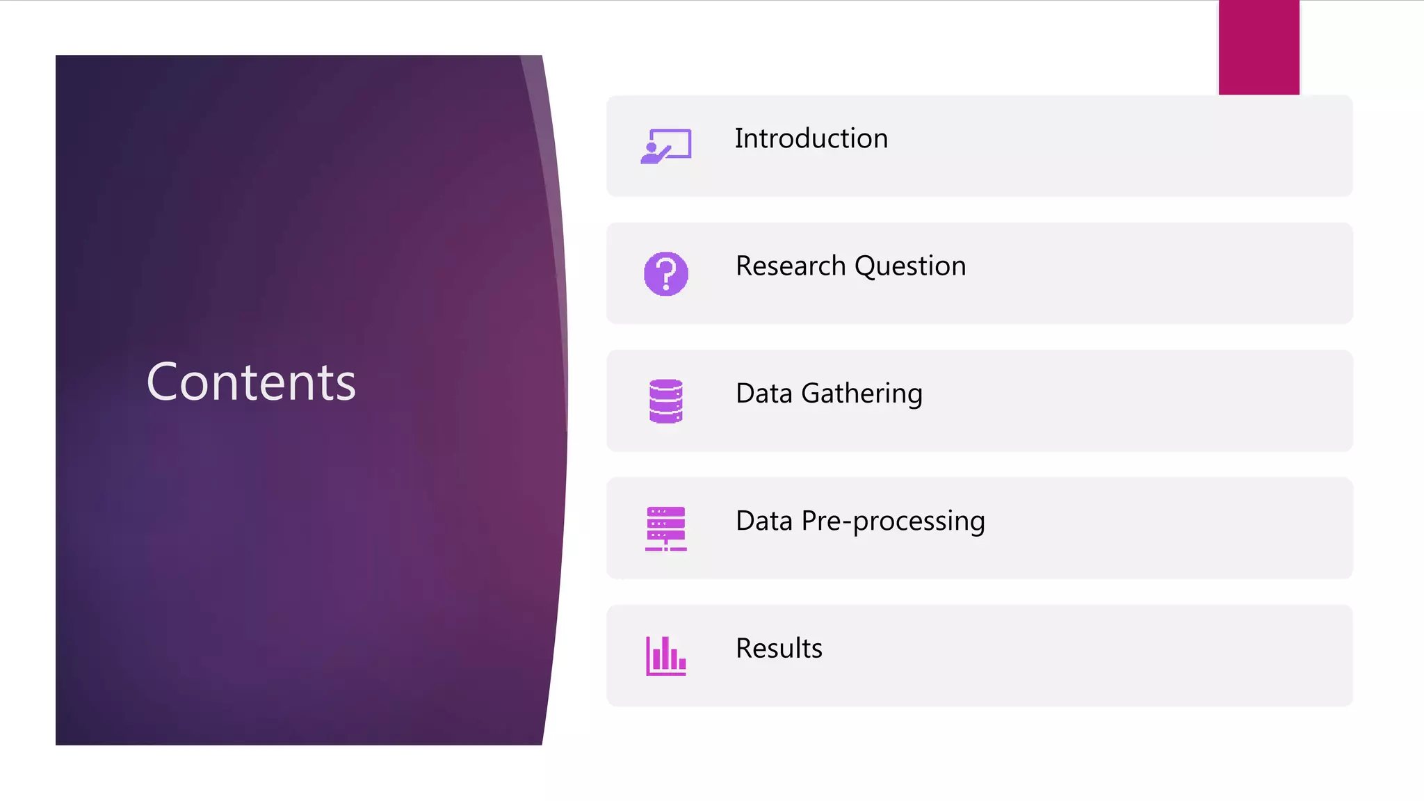 Contents
Introduction
Research Question
Data Gathering
Data Pre-processing
Results