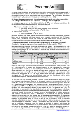 Por todas essas limitações, tem-se tentado o diagnóstico etiológico da pneumonia associada à
ventilação mecânica por meio de culturas quantitativas de secreções respiratórias, as quais
podem ser colhidas de forma não-invasiva (ex. aspirado traqueal – AT) ou invasiva (ex. lavado
broncoalveolar – LBA, escovado brônquico com cateter protegido – EBP).
26 - Quais são os pontos de corte das culturas quantitativas de secreções respiratórias
para o diagnóstico de pneumonia associada à ventilação mecânica (PAV)?
As principais opções para o diagnóstico etiológico de PAV com culturas quantitativas de
secreções respiratórias e seus respectivos pontos de corte são:
 • Técnicas invasivas (broncoscópicas)
                                                              3
          o Escovado brônquico com cateter protegido (EBP): 10 ufc/ml
                                           4    5
          o Lavado broncoalveolar (LBA): 10 a 10 ufc/ml
 • Técnicas não-invasivas
                                   5   6
          o Aspirado traqueal: 10 a 10 ufc/ml
O grande problema com essas culturas quantitativas ocorre quando são colhidas em pacientes
já em uso de antibióticos, sobretudo quando foram iniciados recentemente (até 72 horas).
Nestes casos, resultados abaixo dos pontos de corte normalmente aceitos podem ser
considerados. Mesmo resultados negativos não poderão garantir ausência de PAV.
27 - As técnicas invasivas (broncoscópicas) são superiores ao aspirado traqueal no
diagnóstico etiológico da pneumonia associada à ventilação mecânica (PAV)?
Alguns autores mostraram que as técnicas broncoscópicas tendem a ser mais específicas, com
menor número de falsos-postivios. Entretanto, vários trabalhos que compararam essas duas
técnicas de diagnóstico de PAV em relação à evolução dos pacientes mostraram resultados
semelhantes (tabela 5).
   Tabela 5. Mortalidade por PAV conforme o tratamento antimicrobiano seja ajustado
                  a partir de cultura de AT ou técnicas broncoscópicas
            Estudo                  N                 Mortalidade               p
                                              AT            LBA ou EBP
  Ruiz                             76        46%                38%             ns
  Sanchez-Neto                     51        10%                29%             ns
  Violan                           91        21%                22%             ns
Por outro lado, Fagon e colaboradores encontraram menor mortalidade entre pacientes com
PAV cujo tratamento foi guiado por técnicas invasivas do que naqueles com tratamento
ajustado com base em cultura de aspirado traqueal (mortalidade em 14 dias de 16% vs. 26%,
respectivamente, com p=0,02). Os autores atribuem essa melhora à menor emergência de
cepas resistentes, em função do uso mais restrito de antibióticos, e à busca de outros
diagnósticos alternativos à PAV, os quais foram feitos em menor freqüência no grupo
conduzido com AT, cuja menor especificidade pode levar ao diagnóstico errôneo desta
infecção e deixar passar despercebido o real foco infeccioso.

No final de 2006, foi publicado no New England Journal of Medicine um artigo que muito
contribui para essa discussão. Trata-se de um estudo multicênctrico, conduzido em 28 UTIs
dos EUA e Canadá, e que avaliou prospectivamente 740 pacientes com diagnóstico clínico de
PAV. Eles foram randomizados em dois grupos conforme a tentativa de diagnóstico etiológico
fosse feita com LBA ou AT. Todos receberam inicialmente tratamento antimicrobiano de largo
espectro, com meropenen isoladamente ou em associação com ciprofloxacino. Em casos de
identificação do agente etiológico, a antibioticoterapia poderia ser modificada para antibióticos
de espectro mais restrito, conforme os testes de sensibilidade. Em casos de cultura negativa, o
tratamento poderia ser retirado ou mantido, conforme decisão clínica do médico assistente,
com base na suspeita clínica inicial. A mortalidade ao final de 28 dias, principal desfecho
avaliado, foi semelhante nos dois grupos. Não se observaram diferenças entre os grupos nas
demais variáveis estudadas, clínicas ou microbiológicas. É claro que contribuiu para não haver
diferença de mortalidade entre os grupos o fato de que o tratamento inicial foi de largo
espectro, reduzindo-se as chances de um agente não ser inicialmente coberto. Mas um outro
dado interessante foi observado e reforça a equivalência das duas técnicas: a freqüência com
que se modificou o esquema inicial em relação a restrição do espectro ou retirada do
antibiótico, estratégias denominadas de de-escalonamento, também foram semelhantes entre
os grupos. Ou seja, ajustar o tratamento empírico inicial com base nos resultados obtidos por
AT ou por LBA é igualmente seguro em relação aos desfechos clínicos e microbiológicos.
                                                                           www.pneumoatual.com.br
 