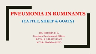 PNEUMONIA IN RUMINANTS
(CATTLE, SHEEP & GOATS)
DR. DHURBA D. C.
Livestock Development Officer
B.V.Sc. & A.H. (TU/IAAS)
M.V.Sc. Medicine (AFU)
1
 