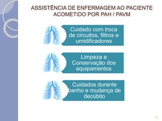 ASSISTÊNCIA DE ENFERMAGEM AO PACIENTE
ACOMETIDO POR PAH / PAVM
Cuidado com troca
de circuitos, filtros e
umidificadores
Limpeza e
Conservação dos
equipamentos
Cuidados durante
banho e mudança de
decúbito
21
 