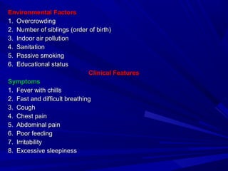 Environmental FactorsEnvironmental Factors
1.1. OvercrowdingOvercrowding
2.2. Number of siblings (order of birth)Number of siblings (order of birth)
3.3. Indoor air pollutionIndoor air pollution
4.4. SanitationSanitation
5.5. Passive smokingPassive smoking
6.6. Educational statusEducational status
Clinical FeaturesClinical Features
SymptomsSymptoms
1.1. Fever with chillsFever with chills
2.2. Fast and difficult breathingFast and difficult breathing
3.3. CoughCough
4.4. Chest painChest pain
5.5. Abdominal painAbdominal pain
6.6. Poor feedingPoor feeding
7.7. IrritabilityIrritability
8.8. Excessive sleepinessExcessive sleepiness
 
