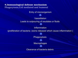 4.Immunological defense mechanism
Phagocytosis,Cell mediated and humoral
Entry of microorganismEntry of microorganism
VasodilationVasodilation
Leads to outpouring of exudates or fluidsLeads to outpouring of exudates or fluids
InflammationInflammation
(proliferation of bacteria .toxins released which cause inflammation )(proliferation of bacteria .toxins released which cause inflammation )
PhagocytosisPhagocytosis
MacrophagesMacrophages
Clearance of bacteria debrisClearance of bacteria debris
 