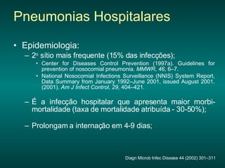 Epidemiologia: 2 o  sítio mais frequente (15% das infecções); Center for Diseases Control Prevention (1997a). Guidelines for prevention of nosocomial pneumonia.  MMWR ,  46 , 6–7. National Nosocomial Infections Surveillance (NNIS) System Report, Data Summary from January 1992–June 2001, issued August 2001. (2001).  Am J Infect Control, 29,  404–421 . É a infecção hospitalar que apresenta maior morbi-mortalidade (taxa de mortalidade atribuída - 30-50%); Prolongam a internação em 4-9 dias; Pneumonias Hospitalares Diagn Microb Infec Disease 44 (2002) 301–311 