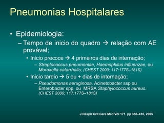 Epidemiologia: Tempo de inicio do quadro    relação com AE provável; Inicio precoce    4 primeiros dias de internação; Streptococcus pneumoniae ,  Haemophilus influenzae,  ou  Moraxella catarrhalis;  (CHEST 2000; 117:177S–181S) Inicio tardio    5 ou + dias de internação; Pseudomonas aeruginosa,  Acinetobacter ssp ou Enterobacter spp, ou  MRSA  Staphylococcus aureus .  (CHEST 2000; 117:177S–181S) Pneumonias Hospitalares J Respir Crit Care Med Vol 171. pp 388–416, 2005 