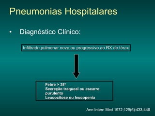 Diagnóstico Clínico: Pneumonias Hospitalares Infiltrado pulmonar novo ou progressivo ao RX de tórax Febre > 38  Secreção traqueal ou escarro purulento Leucocitose ou leucopenia Ann Intern Med 1972;129(6):433-440 