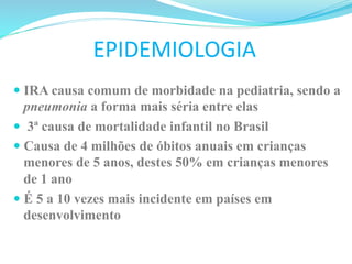 EPIDEMIOLOGIA	
  
— IRA causa comum de morbidade na pediatria, sendo a
pneumonia a forma mais séria entre elas
—  3ª causa de mortalidade infantil no Brasil
— Causa de 4 milhões de óbitos anuais em crianças
menores de 5 anos, destes 50% em crianças menores
de 1 ano
— É 5 a 10 vezes mais incidente em países em
desenvolvimento
 