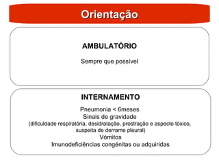 Orientação
Orientação
INTERNAMENTO
Pneumonia < 6meses
Sinais de gravidade
(dificuldade respiratória, desidratação, prostração e aspecto tóxico,
suspeita de derrame pleural)
Vómitos
Imunodeficiências congénitas ou adquiridas
AMBULATÓRIO
Sempre que possível
 