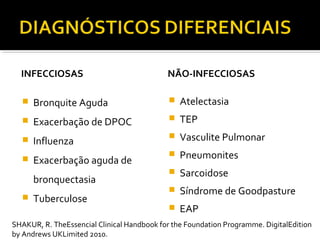 INFECCIOSAS
 Bronquite Aguda
 Exacerbação de DPOC
 Influenza
 Exacerbação aguda de
bronquectasia
 Tuberculose
NÃO-INFECCIOSAS
 Atelectasia
 TEP
 Vasculite Pulmonar
 Pneumonites
 Sarcoidose
 Síndrome de Goodpasture
 EAP
SHAKUR, R. TheEssencial Clinical Handbook for the Foundation Programme. DigitalEdition
by Andrews UKLimited 2010.
 
