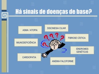 Há sinais de doenças de base? ASMA / ATOPIA IMUNODEFICIÊNCIA DISCINESIA CILIAR FIBROSE CÍSTICA CARDIOPATIA SÍNDROMES GENÉTICAS ANEMIA FALCIFORME 