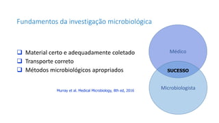 Fundamentos da investigação microbiológica
 Material certo e adequadamente coletado
 Transporte correto
 Métodos microbiológicos apropriados
Murray et al. Medical Microbiology, 8th ed, 2016
Médico
Microbiologista
SUCESSO
 
