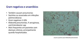 Gram negativos e anaeróbios
Escarro positivo para Klebsiella pneumoniae
• Também causam pneumonias
• Sozinhos ou associados em infecções
polimicrobianas
• Gram negativos 2-10%
• Klebsiella pneumoniae, P. aeruginosa,
and Enterobacter spp
• Mais frequentes em pacientes com
doenças crônicas, principalmente
quando hospitalizados
 