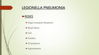 LEGIONELLA PNEUMONIA
RISKS
 Organ transplant Recipients
 Renal Failure
 CLD
 Smokers
 GI Symptoms
 Hyponatremia
 