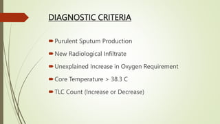 DIAGNOSTIC CRITERIA
Purulent Sputum Production
New Radiological Infiltrate
Unexplained Increase in Oxygen Requirement
Core Temperature > 38.3 C
TLC Count (Increase or Decrease)
 