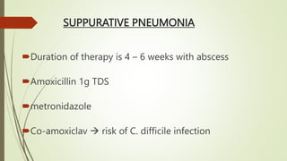 SUPPURATIVE PNEUMONIA
Duration of therapy is 4 – 6 weeks with abscess
Amoxicillin 1g TDS
metronidazole
Co-amoxiclav  risk of C. difficile infection
 