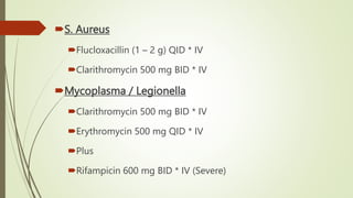 S. Aureus
Flucloxacillin (1 – 2 g) QID * IV
Clarithromycin 500 mg BID * IV
Mycoplasma / Legionella
Clarithromycin 500 mg BID * IV
Erythromycin 500 mg QID * IV
Plus
Rifampicin 600 mg BID * IV (Severe)
 