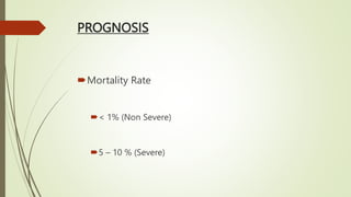 PROGNOSIS
Mortality Rate
< 1% (Non Severe)
5 – 10 % (Severe)
 