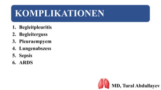 KOMPLIKATIONEN
1. Begleitpleuritis
2. Begleiterguss
3. Pleuraempyem
4. Lungenabszess
5. Sepsis
6. ARDS
MD, Tural Abdullayev
 