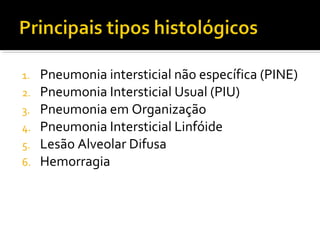 1. Pneumonia intersticial não específica (PINE)
2. Pneumonia Intersticial Usual (PIU)
3. Pneumonia em Organização
4. Pneumonia Intersticial Linfóide
5. Lesão Alveolar Difusa
6. Hemorragia
 