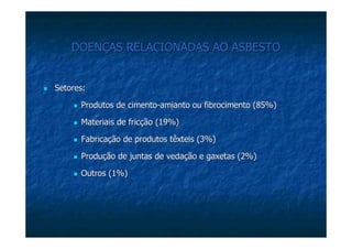 DOENÇAS RELACIONADAS AO ASBESTODOENÇAS RELACIONADAS AO ASBESTO
Setores:Setores:
Produtos de cimentoProdutos de cimento--amianto ouamianto ou fibrocimentofibrocimento (85%)(85%)
Materiais de fricção (19%)Materiais de fricção (19%)
Fabricação de produtos têxteis (3%)Fabricação de produtos têxteis (3%)
Produção de juntas de vedação eProdução de juntas de vedação e gaxetasgaxetas (2%)(2%)
Outros (1%)Outros (1%)
 