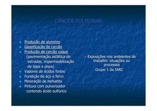 CÂNCER PULMONARCÂNCER PULMONAR
Produção de alumínioProdução de alumínio
Gaseificação de carvãoGaseificação de carvão
Produção de carvão coqueProdução de carvão coque
(pavimentação(pavimentação asfálticaasfáltica dede
estradas, impermeabilizaçãoestradas, impermeabilização
de lajes e pisos)de lajes e pisos)
Vapores de ácidos fortesVapores de ácidos fortes
Fundição de aço e ferroFundição de aço e ferro
Mineração de hematitaMineração de hematita
Pintura com pulverizadorPintura com pulverizador
contendo ácido sulfúricocontendo ácido sulfúrico
→→ ExposiExposiçõções nos ambientes dees nos ambientes de
trabalho: situatrabalho: situaçõções oues ou
processosprocessos
Grupo 1 da IARCGrupo 1 da IARC
 