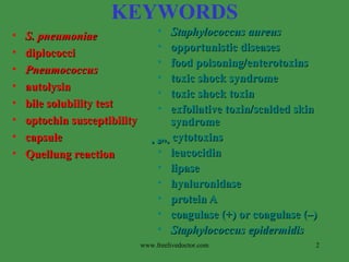 S. pneumoniae diplococci Pneumococcus autolysin bile solubility test optochin susceptibility capsule Quellung reaction Staphylococcus aureus opportunistic diseases food poisoning/enterotoxins toxic shock syndrome toxic shock toxin exfoliative toxin/scalded skin syndrome  ,  ,  ,    cytotoxins leucocidin lipase hyaluronidase protein A  coagulase (+) or coagulase (–) Staphylococcus epidermidis KEYWORDS www.freelivedoctor.com 