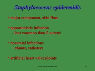 Staphylococcus epidermidis major component, skin flora opportunistic infection - less common than S.aureus nosomial infections  shunts, catheters artificial heart valves/joints  www.freelivedoctor.com 