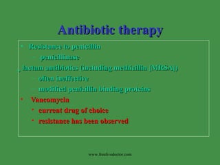 Antibiotic therapy Resistance to penicillin penicillinase    lactam antibiotics (including methicillin [MRSA])  often ineffective modified penicillin binding proteins Vancomycin  current drug of choice resistance has been observed www.freelivedoctor.com 