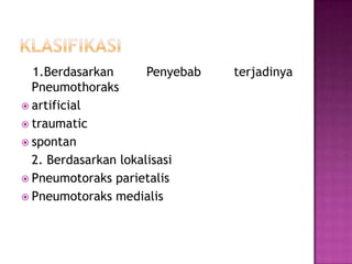 1.Berdasarkan
Penyebab
Pneumothoraks
 artificial
 traumatic
 spontan
2. Berdasarkan lokalisasi
 Pneumotoraks parietalis
 Pneumotoraks medialis

terjadinya

 