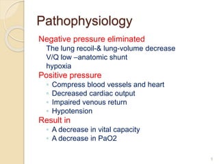 Pathophysiology
Negative pressure eliminated
The lung recoil-& lung-volume decrease
V/Q low –anatomic shunt
hypoxia
Positive pressure
◦ Compress blood vessels and heart
◦ Decreased cardiac output
◦ Impaired venous return
◦ Hypotension
Result in
◦ A decrease in vital capacity
◦ A decrease in PaO2
5
 