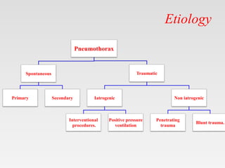 Etiology
Pneumothorax
Spontaneous
Primary Secondary
Traumatic
Iatrogenic
Interventional
procedures.
Positive pressure
ventilation
Non iatrogenic
Penetrating
trauma
Blunt trauma.
 