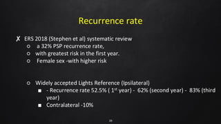 Recurrence rate
✘ ERS 2018 (Stephen et al) systematic review
○ a 32% PSP recurrence rate,
○ with greatest risk in the first year.
○ Female sex -with higher risk
○ Widely accepted Lights Reference (Ipsilateral)
■ - Recurrence rate 52.5% ( 1st year) - 62% (second year) - 83% (third
year)
■ Contralateral -10%
39
 