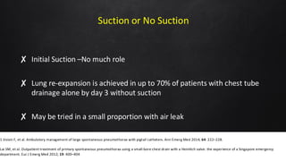 Suction or No Suction
✘ Initial Suction –No much role
✘ Lung re-expansion is achieved in up to 70% of patients with chest tube
drainage alone by day 3 without suction
✘ May be tried in a small proportion with air leak
45
1.Voisin F, et al. Ambulatory management of large spontaneous pneumothorax with pigtail catheters. Ann Emerg Med 2014; 64: 222–228.
Lai SM, et al. Outpatient treatment of primary spontaneous pneumothorax using a small-bore chest drain with a Heimlich valve: the experience of a Singapore emergency
department. Eur J Emerg Med 2012; 19: 400–404
 