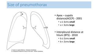 • Apex – cupola 
distance(ACCP) - 2001 
• a ≥ 3cms small 
• a < 3cms large 
• Interpleural distance at 
hilum (BTS) - 2010 
• b ≥ 2cms small 
• b < 2cms large 
Size of pneumothorax 
 