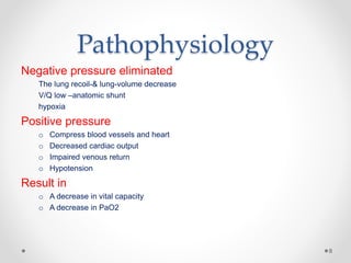 Pathophysiology
Negative pressure eliminated
The lung recoil-& lung-volume decrease
V/Q low –anatomic shunt
hypoxia
Positive pressure
o Compress blood vessels and heart
o Decreased cardiac output
o Impaired venous return
o Hypotension
Result in
o A decrease in vital capacity
o A decrease in PaO2
8
 