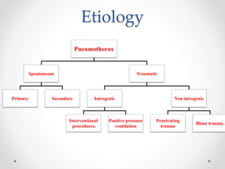 Etiology
Pneumothorax
Spontaneous
Primary Secondary
Traumatic
Iatrogenic
Interventional
procedures.
Positive pressure
ventilation
Non iatrogenic
Penetrating
trauma
Blunt trauma.
 