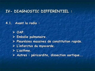 IV- DIAGNOSTIC DIFFERENTIEL :


4.1. Avant la radio :

       OAP.
       Embolie pulmonaire.
       Pleurésies massives de constitution rapide.
       L’infarctus du myocarde.
       L’asthme.
       Autres : péricardite, dissection aortique….
 