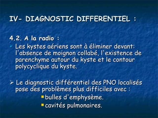IV- DIAGNOSTIC DIFFERENTIEL :

4.2. A la radio :
 Les kystes aériens sont à éliminer devant:
  l'absence de moignon collabé, l'existence de
  parenchyme autour du kyste et le contour
  polycyclique du kyste.

 Le diagnostic différentiel des PNO localisés
  pose des problèmes plus difficiles avec :
            bulles d'emphysème.

            cavités pulmonaires.
 