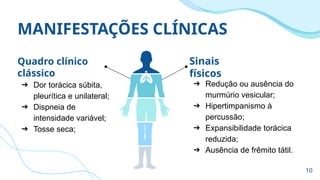 MANIFESTAÇÕES CLÍNICAS
Quadro clínico
clássico
➔ Dor torácica súbita,
pleurítica e unilateral;
➔ Dispneia de
intensidade variável;
➔ Tosse seca;
➔ Redução ou ausência do
murmúrio vesicular;
➔ Hipertimpanismo à
percussão;
➔ Expansibilidade torácica
reduzida;
➔ Ausência de frêmito tátil.
Sinais
físicos
10
 