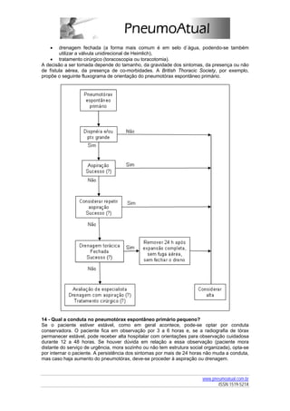 •    drenagem fechada (a forma mais comum é em selo d´água, podendo-se também
        utilizar a válvula unidirecional de Heimlich),
    • tratamento cirúrgico (toracoscopia ou toracotomia).
A decisão a ser tomada depende do tamanho, da gravidade dos sintomas, da presença ou não
de fístula aérea, da presença de co-morbidades. A British Thoracic Society, por exemplo,
propõe o seguinte fluxograma de orientação do pneumotórax espontâneo primário.




14 - Qual a conduta no pneumotórax espontâneo primário pequeno?
Se o paciente estiver estável, como em geral acontece, pode-se optar por conduta
conservadora. O paciente fica em observação por 3 a 6 horas e, se a radiografia de tórax
permanecer estável, pode receber alta hospitalar com orientações para observação cuidadosa
durante 12 a 48 horas. Se houver dúvida em relação a essa observação (paciente mora
distante do serviço de urgência, mora sozinho ou não tem estrutura social organizada), opta-se
por internar o paciente. A persistência dos sintomas por mais de 24 horas não muda a conduta,
mas caso haja aumento do pneumotórax, deve-se proceder à aspiração ou drenagem.



                                                                         www.pneumoatual.com.br
                                                                                ISSN 1519-521X
 