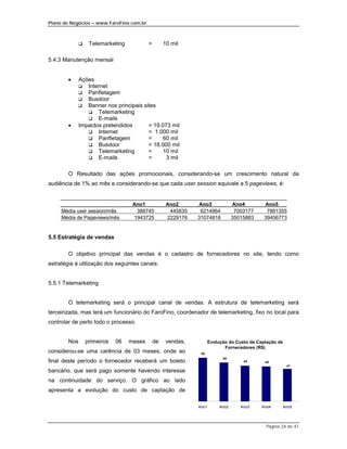 Plano de Negócios – www.FaroFino.com.br



              $    Telemarketing           =        10 mil

5.4.3 Manutenção mensal


        •     Ações
            $    Internet
            $    Panfletagem
            $    Busdoor
            $    Banner nos principais sites
                 $ Telemarketing
                 $ E-mails
        •     Impactos pretendidos       = 19.073 mil
                 $ Internet              = 1.000 mil
                 $ Panfletagem           =     60 mil
                 $ Busdoor               = 18.000 mil
                 $ Telemarketing         =     10 mil
                 $ E-mails               =      3 mil

        O Resultado das ações promocionais, considerando-se um crescimento natural da
audiência de 1% ao mês e considerando-se que cada user session equivale a 5 pageviews, é:


                                    Ano1             Ano2      Ano3              Ano4        Ano5
     Média user session/mês          388745           445835    6214964           7003177     7891355
     Média de Pageviews/mês         1943725          2229176   31074818          35015883    39456773


5.5 Estratégia de vendas

        O objetivo principal das vendas é o cadastro de fornecedores no site, tendo como
estratégia à utilização dos seguintes canais:


5.5.1 Telemarketing


        O telemarketing será o principal canal de vendas. A estrutura de telemarketing será
terceirizada, mas terá um funcionário do FaroFino, coordenador de telemarketing, fixo no local para
controlar de perto todo o processo.


        Nos       primeiros   06   meses       de    vendas,         Evolução do Custo de Captação de
                                                                            Fornecedores (R$)
considerou-se uma carência de 03 meses, onde ao                 55
                                                                           49
final deste período o fornecedor receberá um boleto                                  45      44
                                                                                                        41
bancário, que será pago somente havendo interesse
na continuidade do serviço. O gráfico ao lado
apresenta a evolução do custo de captação de

                                                               Ano1       Ano2      Ano3    Ano4     Ano5




                                                                                              Página 24 de 41
 